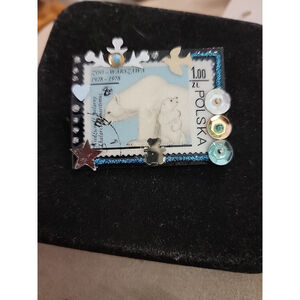 Vintage Postage stamp Polar bear Brooch Junk Mail By Willow